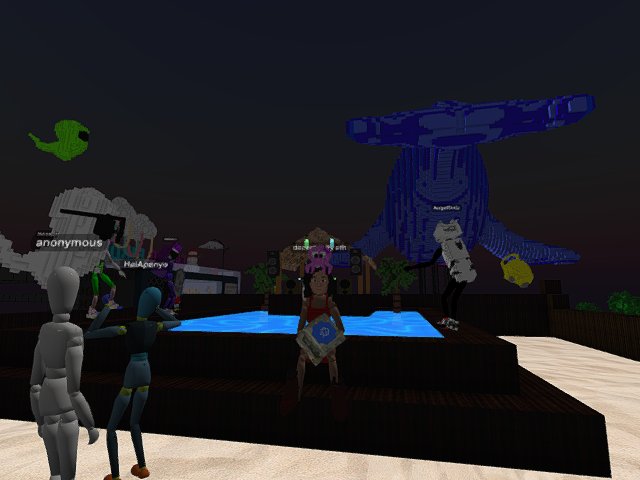 At a random Metaverse party near a whale's butt.