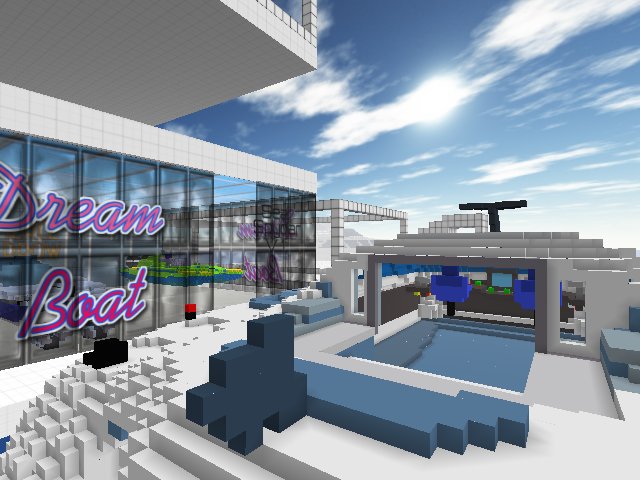 Dream Boat Catamaran Yacht Interior with Dream Boat Show Room and Large Yacht in background. Willing trade with other modelers and land owners! message @thebeatminer on The Tweety Bird Platform or Discord. Happy Gaming!