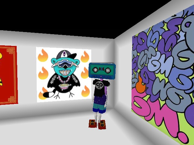 Chillin' Downstairs in Front of Drippy-Skippy at the Mr.Brian Design Tanuki Birds Exhibition at All City 3 in Cryptovoxels. #MetaverseArtGallery