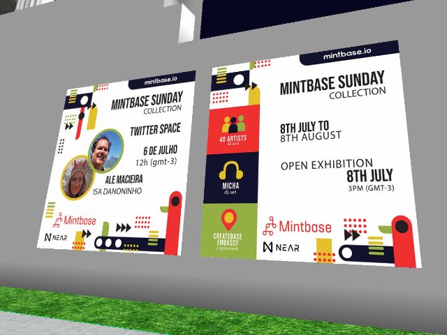 The Createbase Embassy building of the marketplace Mintbase built by metaarchitect Isa Danoninho hosts from July 8th to August 8th 2022 the MintbaseSunday Collection Exhibition. Inauguration today, 3 PM (GMT-3). https://linktr.ee/mintbasesunday
