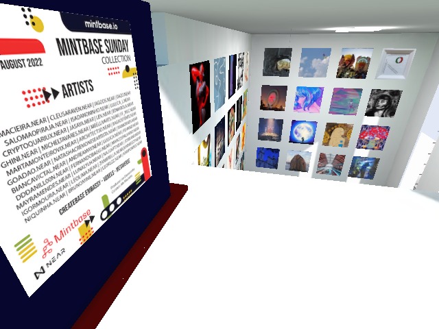 Exhibition MintbaseSunday Collection until August 8, 2022 in the Createbase Embassy building of the Mintbase marketplace. Curator: Alexandre Macieira | Meta-architect: Isa Danoninho | Music DJ MICHA. https://linktr.ee/mintbasesunday