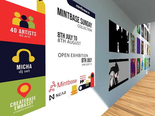 Exhibition MintbaseSunday Collection until August 8, 2022 in the Createbase Embassy building of the Mintbase marketplace. Curator: Alexandre Macieira | Meta-architect: Isa Danoninho | Music DJ MICHA. https://linktr.ee/mintbasesunday