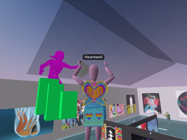 Wearing ' Radiant Beings wellness shirt in curvy pink
' and ' rainbow heart pocket skirt ' at the art gallery :)