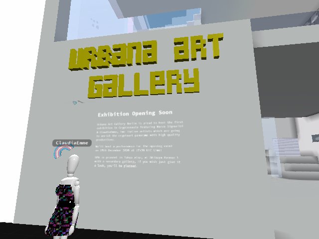 Urbana Art Gallery with ClaudiaEmme overviewing WIP exhib "Don't CRYpto for me Cryptovoxels"