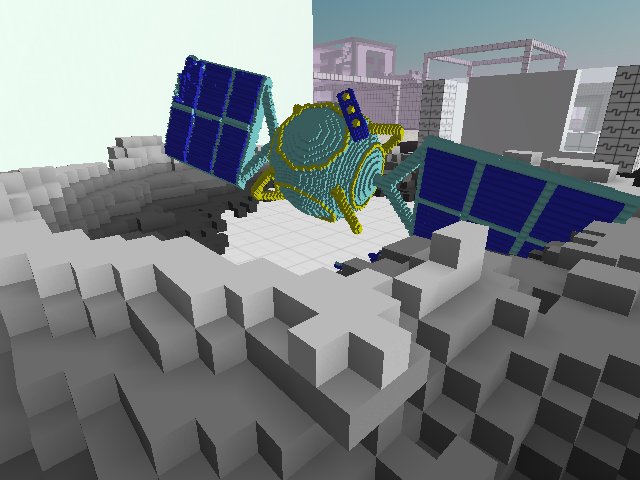 A wrecked satellite in his crater, by @jeeltcraft #voxelart #ETHdenver