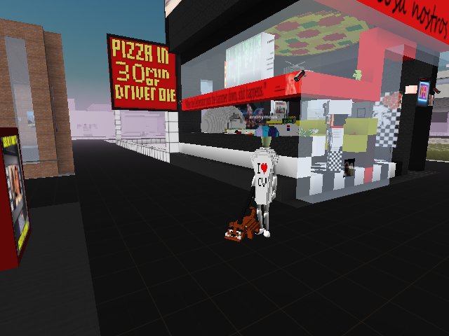 shed man infront of nostros pizza