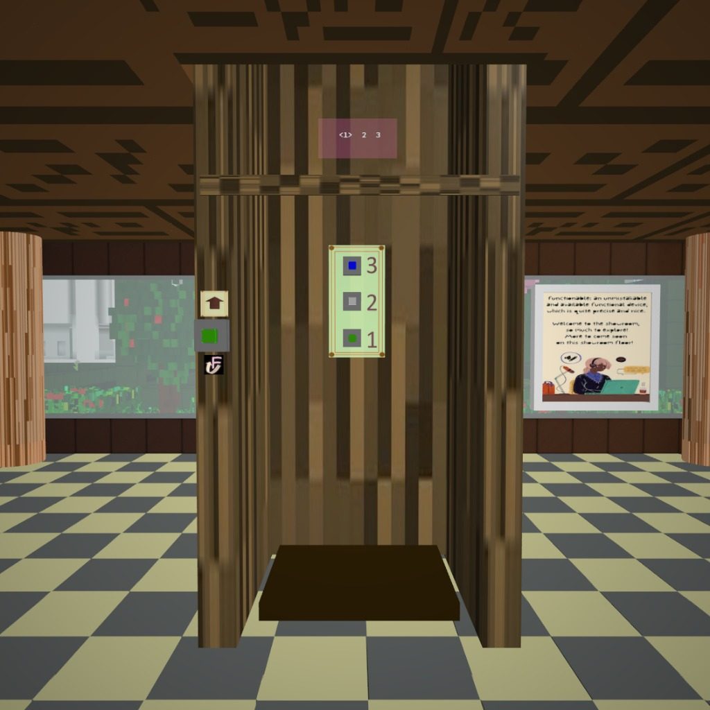 the elevator: a wip, untouched for quite awhile. it does indeed go up and down and selectable from any floor. however, hopefully one day elevators will work (in general)! that would be absolutely epic for voxels.