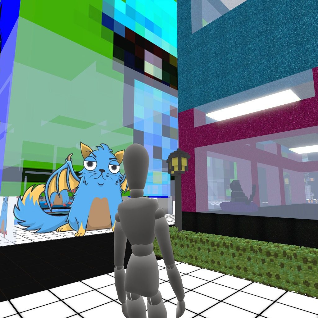 My cat observing the large Cryptokitty. Click my cat to go to my Cryptokitties collection.