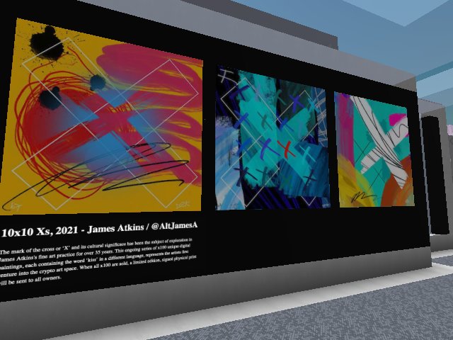 10x10 Xs, 2021 by James Atkins. This series of x100 unique digital paintings, each contain the word ‘kiss’ in a different language.