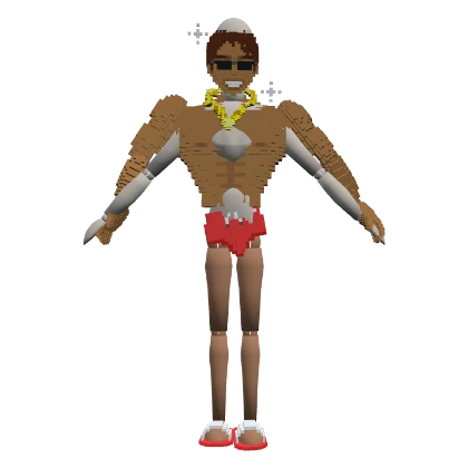 syhong wearing fur, a gold chain, red trunks